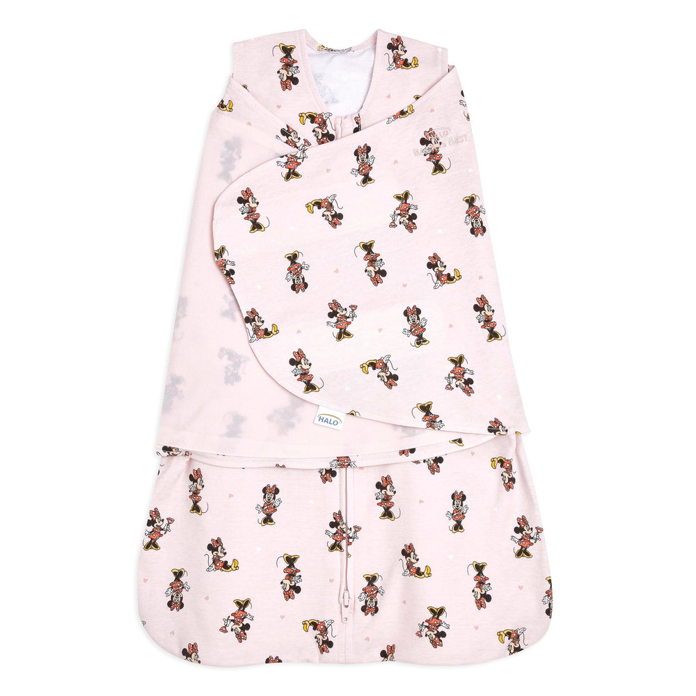 HALO Minnie Fun sleepsack swaddle closeup emphasizes cozy cotton comfort and secure fit.