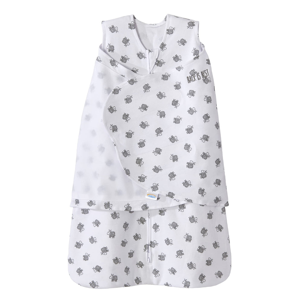Halo Lamb Scribble White Sleepsack Swaddle front view shows soft cotton comfort for safer sleep