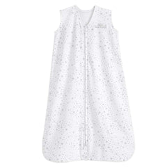 HALO SleepSack Midnight Moons grey worn as a wearable blanket for safe sleep.
