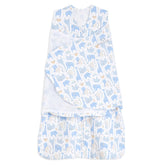 HALO Sleepsack Swaddle Blue Safari front view, showcasing cozy 100% cotton comfort