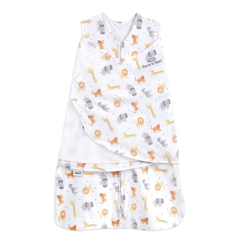 HALO Sleepsack Swaddle Jungle Cotton newborn front view promotes calm, secure sleep