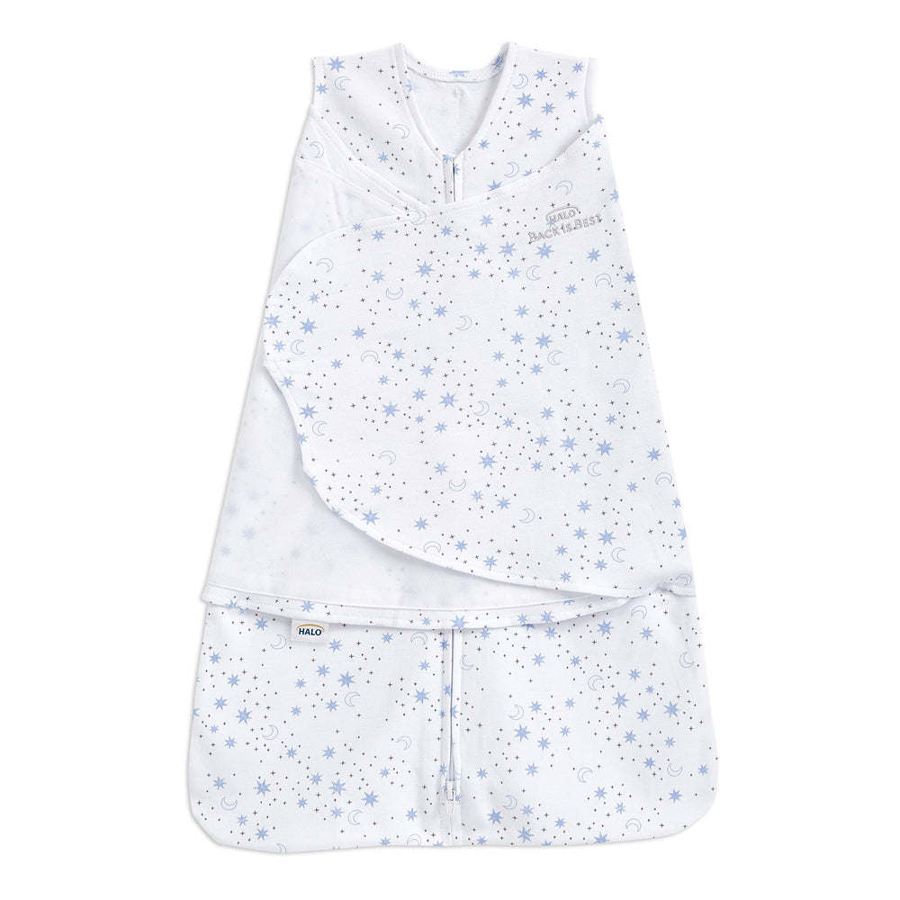 HALO Sleepsack Swaddle Midnight Moons Blue front view shows secure cotton wrap for babies