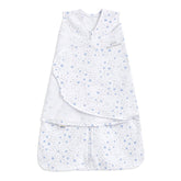 HALO Sleepsack Swaddle Midnight Moons Blue front view shows secure cotton wrap for babies
