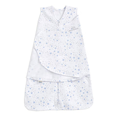 HALO Sleepsack Swaddle Midnight Moons Blue front view shows secure cotton wrap for babies