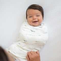 HALO Sleepsack Swaddle Ocean Life pattern on baby illustrating cozy wrap and secure fit