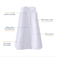 HALO Sleepsack two-layer cotton muslin image highlights breathable warmth for warmer nights.