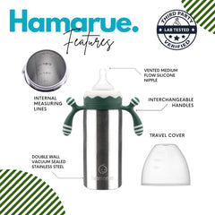 Hamarue stainless baby cup with travel cover in green, insulated to keep drinks at temperature.
