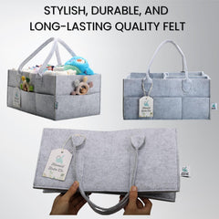 Hamid Bebe Co diaper caddy premium felt construction blends with nursery decor.