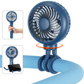 HandFan blue-stroller-clip-on shows portable cooling for parents on the move.