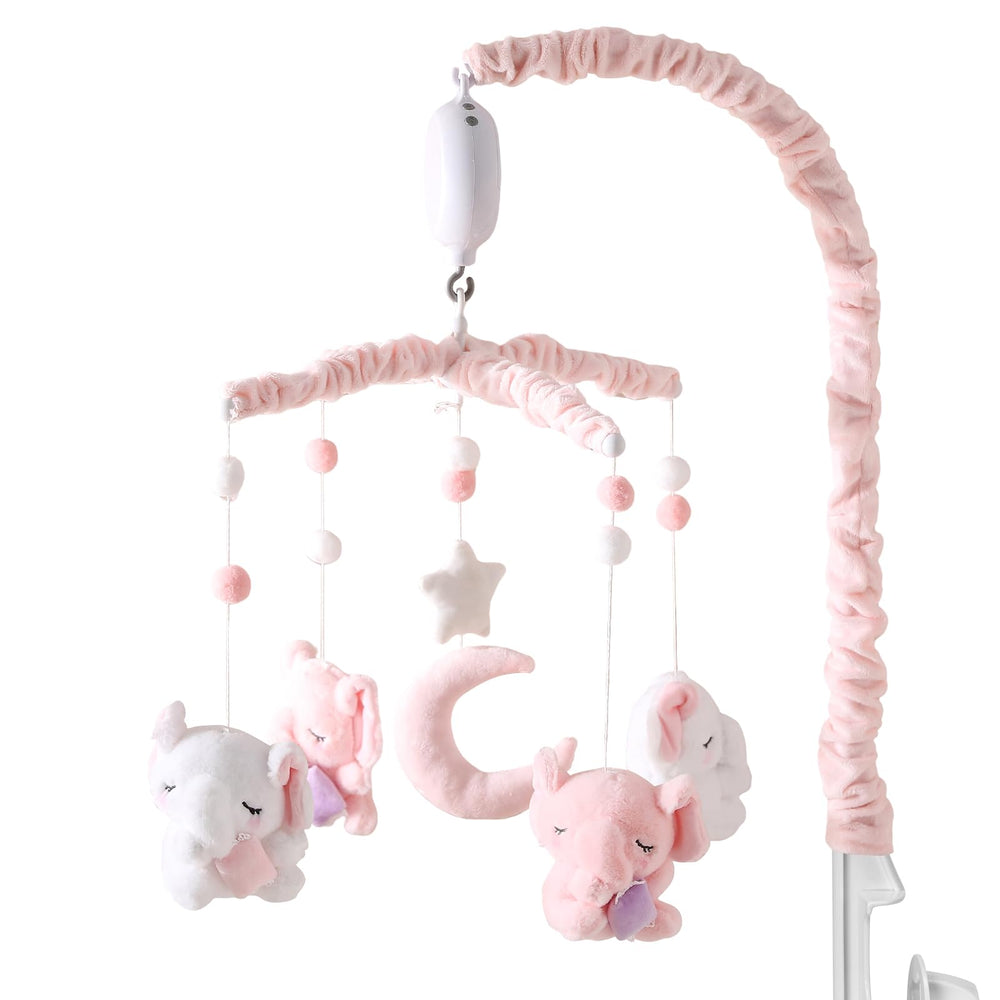 HanMiaMia elephant crib mobile with a 25-inch arm supports baby visual tracking.