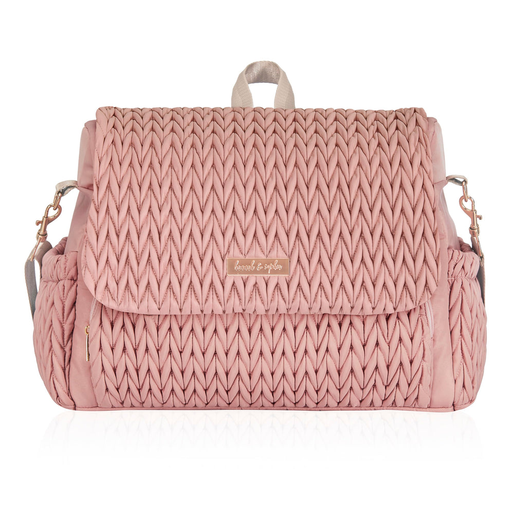 Hannah & Sophia Belle pink front view shows convertible backpack for on-the-go parents