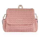 Hannah & Sophia Belle pink front view shows convertible backpack for on-the-go parents