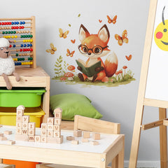 HANOZGU Woodland Fox Reading Wall Decal includes butterflies and mushrooms for a playful room accent.