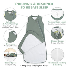 HAPIU sleep sack highlights dark forest green fabric and durable stitching for long-lasting wear.