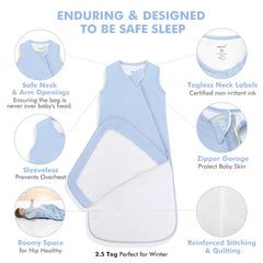 HAPIU fog-colored sleep sack worn by infant as snug wearable blanket.