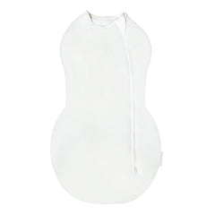 Happiest Baby Sleepea Comforter Swaddle in ivory demonstrates secure wrap for cozy sleep.