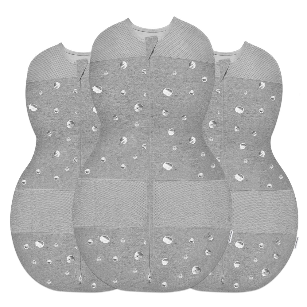 Happiest Baby Sleepea 3-pack Graphite Planets demonstrates versatile sizes for growing babies.