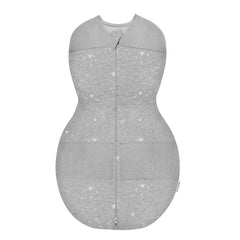 Happiest Baby Sleepea swaddle on baby with graphite stars, promoting cozy hip-friendly sleep.