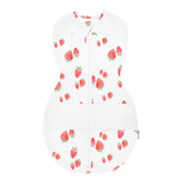 Happiest Baby Sleepea ivory strawberries XL front view shows hip-friendly snug fit.