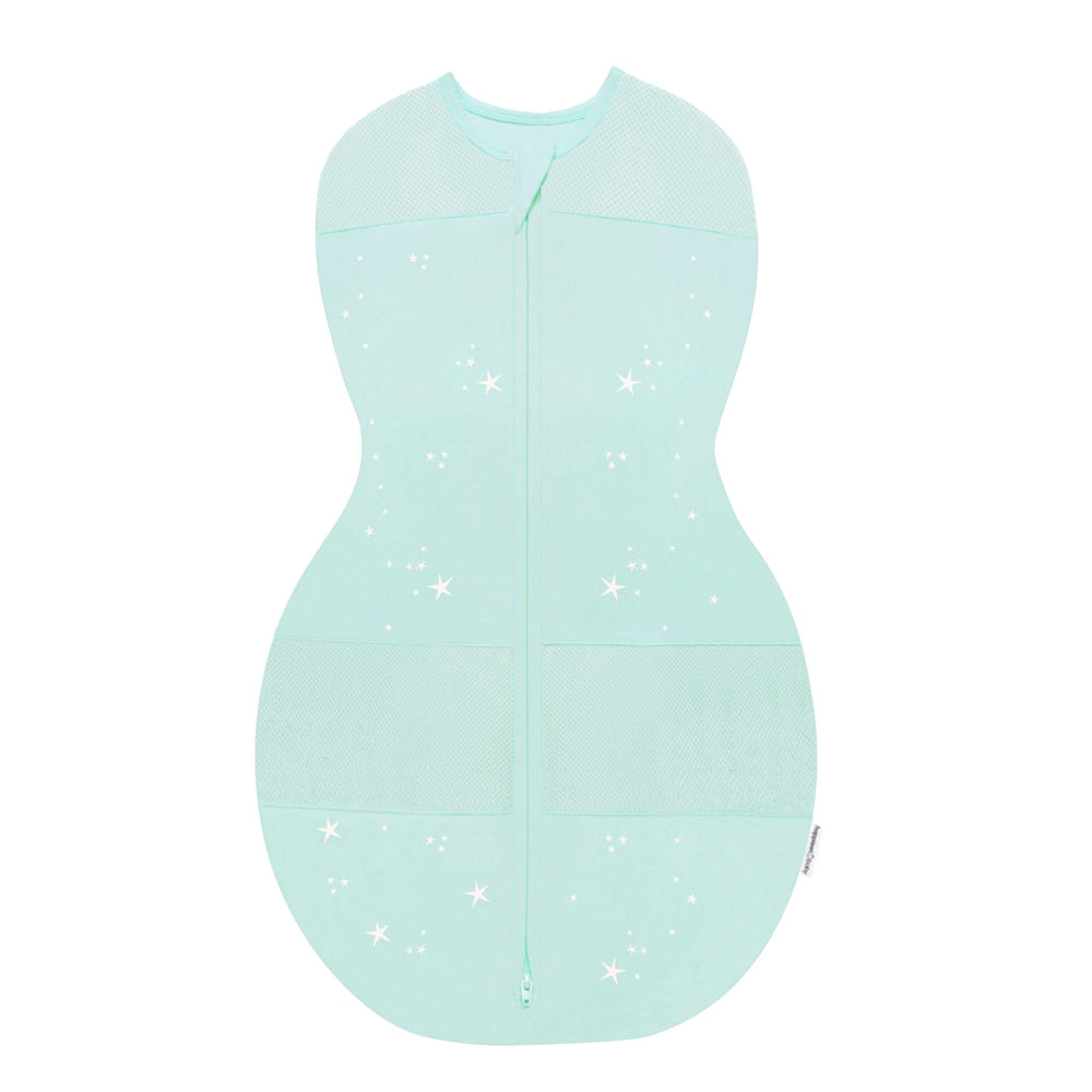 Happiest Baby Sleepea teal stars packaging shows organic cotton comfort for gentle newborn sleep