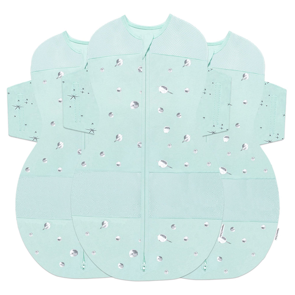 Happiest Baby SNOO Sleep Sack Teal Planets pack offers safe, comfy swaddling for sleep.