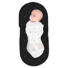 Happiest Baby SNOO Sleep Sack wings-attachment closeup highlights quiet Velcro for escape-proof security.