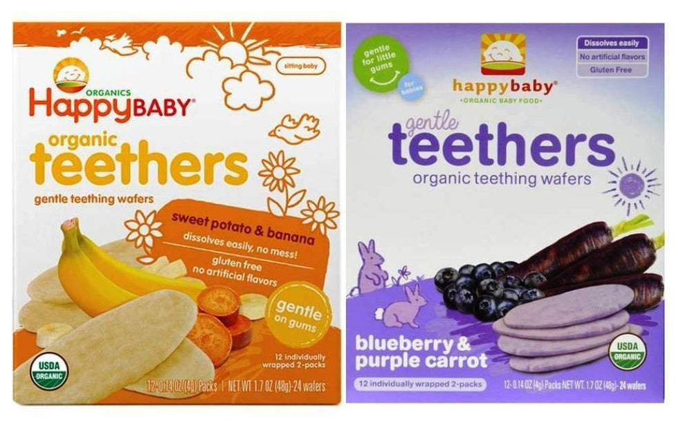 Happy Baby Organic Teethers bundle with sweet-potato-banana wafers soothes gums and introduces solids