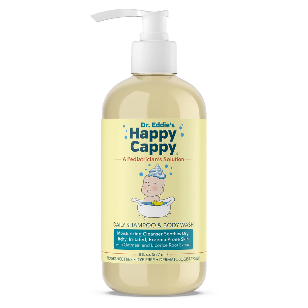 Happy Cappy baby shampoo bottle front showing fragrance-free formula for sensitive skin