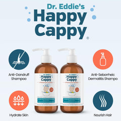 Happy Cappy shampoo scalp close-up, zinc formula supports flaking relief.