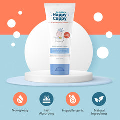 Happy Cappy Moisturizing Cream applied to the face for soothing, everyday use.