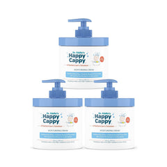 Happy Cappy moisturizing cream jar closeup, fragrance-free formula for sensitive skin.