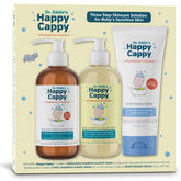 Happy Cappy three-step shampoo bottle closeup, fragrance-free for sensitive, irritated skin.