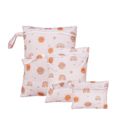 Happy Flute three-set wet bags close-up with sturdy zippers for travel organization.