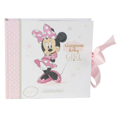 Happy Homewares Gorgeous Baby Girl Minnie Photo Album with pink ribbon for cherished memories.