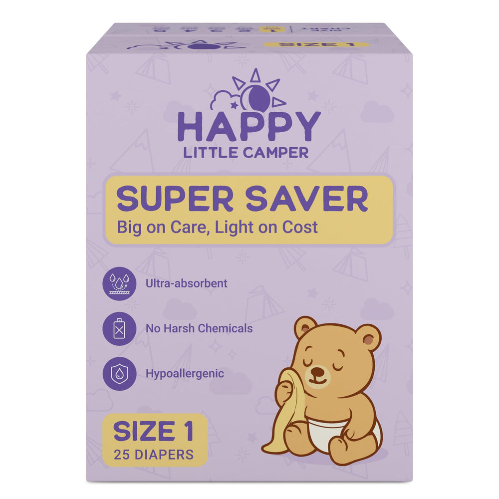 Happy Little Camper Super Saver Diapers Size 1 packaging shows budget-friendly daily care