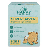 Happy Little Camper Super Saver Diapers Size 2 package front shows budget-friendly, high-quality care.