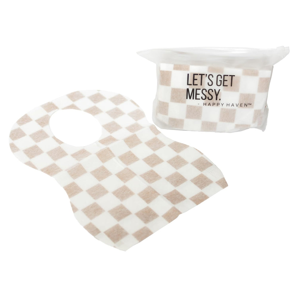 Happy Haven disposable bibs 25-pack with case keeps dining tidy on the go.