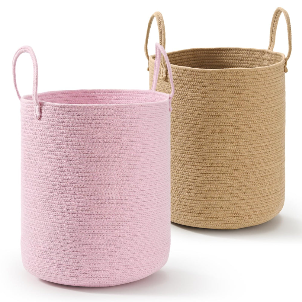 Happyiren 2-pack laundry baskets in pink for nursery organization.
