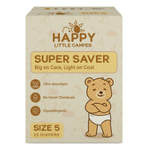 Happy Little Camper Super Saver Diapers Size 5 pack provides affordable baby protection.