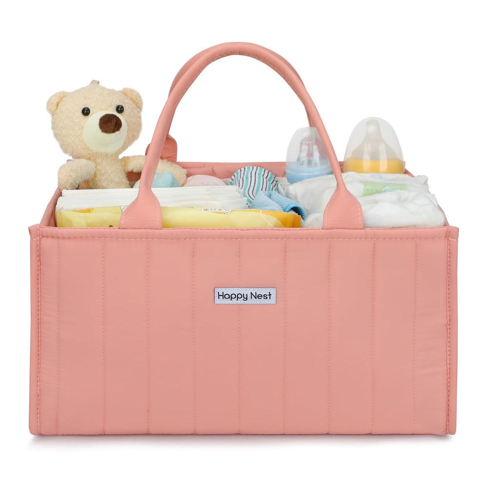 HAPPY NEST diaper caddy shows 13-inch size for quick nursery organization