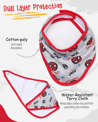 Happy Threads red close-up bandana bib highlighting vibrant prints and comfy fit