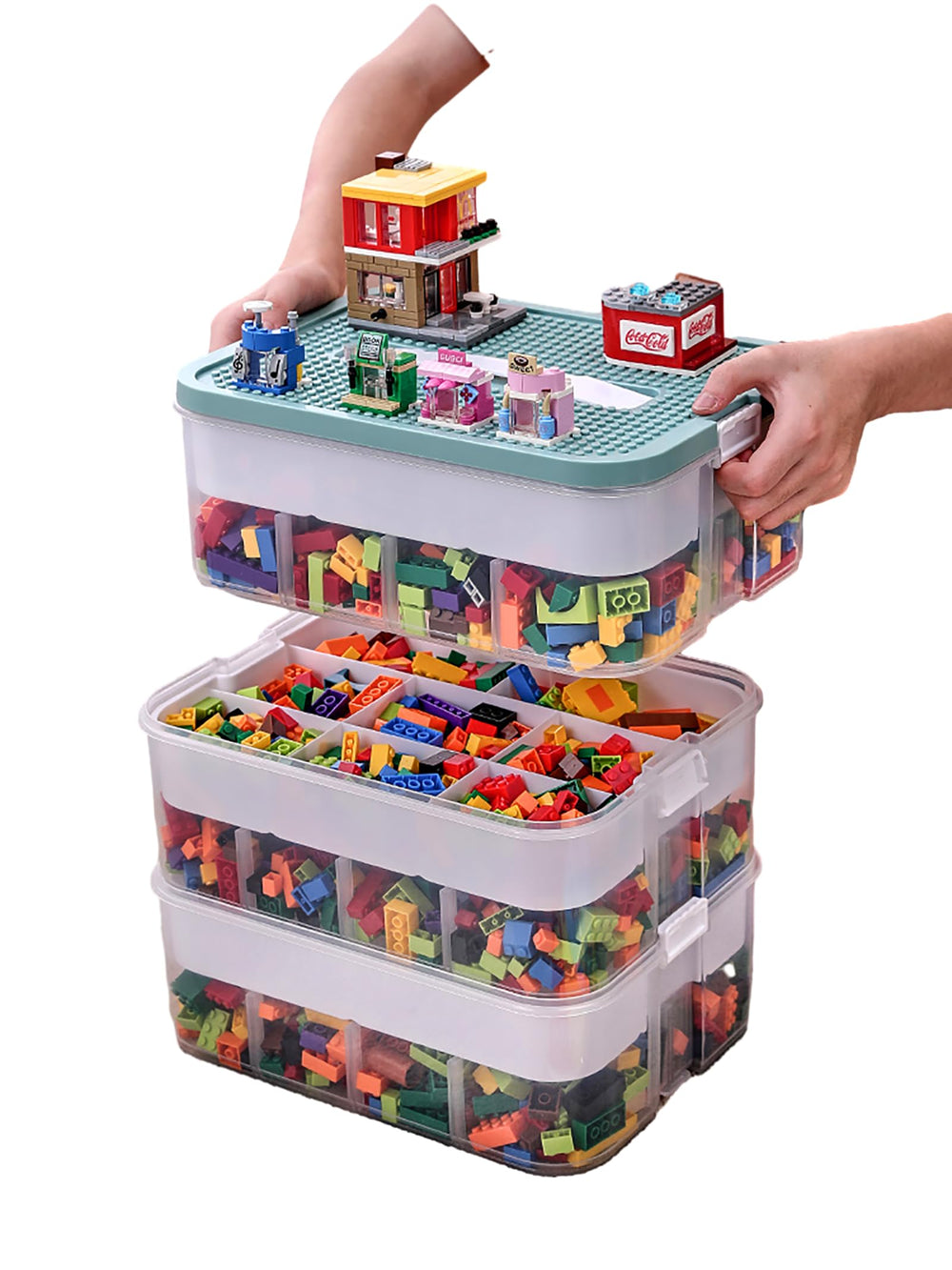 Harazaqa plastic storage organizer with 3 layers keeps Lego blocks neatly sorted for quick play.