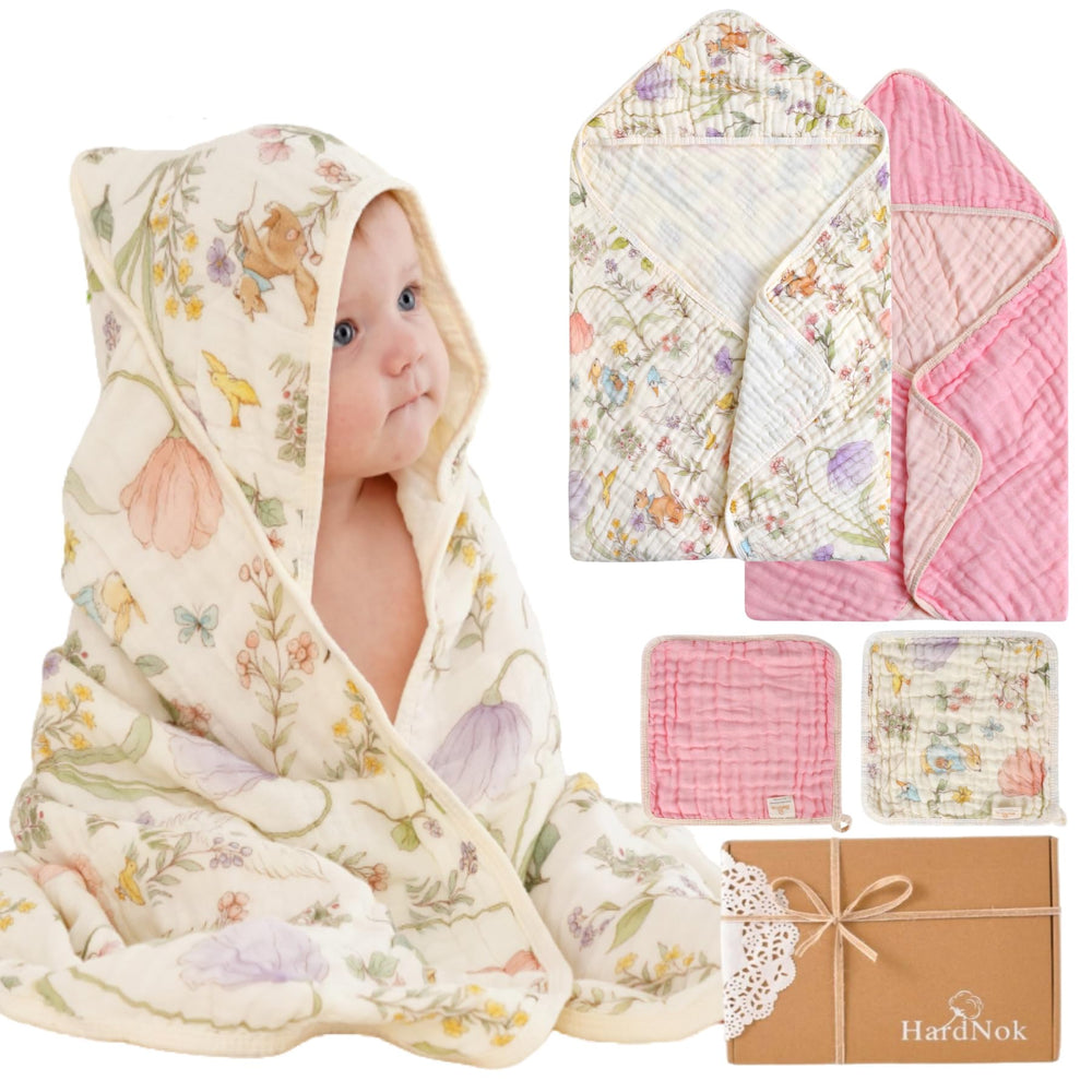HardNok 4-piece muslin towel set packaged in kraft wrap for gifting.
