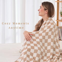 HardNok Checkered Muslin Throw in tan color complements neutral bedding and decor.