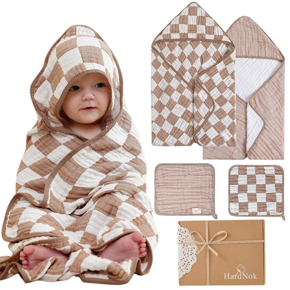 HardNok coffee checkered towel set folded for compact storage and easy gifting.