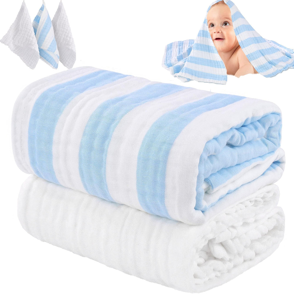 HardNok muslin baby bath towel set blue stripe packaging, gift-ready presentation.