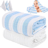 HardNok muslin baby bath towel set blue stripe packaging, gift-ready presentation.