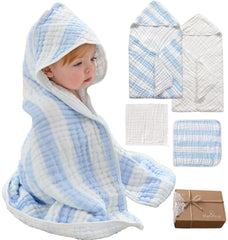 HardNok muslin hooded towel blue stripe keeps baby warm and dry after bath.