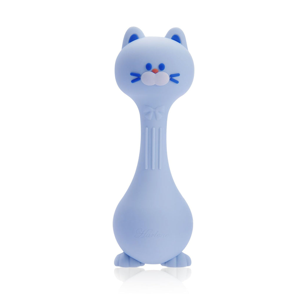 Harlene Baby Rattle Cat Blue front view highlights soft silicone teether for soothing gums