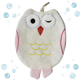 Harmony N More Opal Owl washmitt closeup shows soft terry fabric for gentle cleansing.